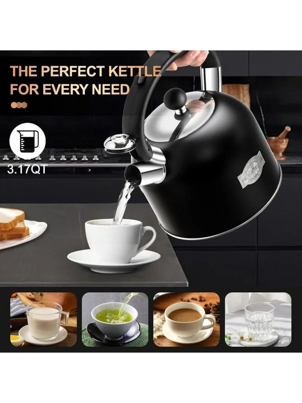 Black Whistling Teakettle 3.17QT Stainless Steel Stovetop with Ergonomic Handle